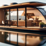 Create an image of a modern houseboat transformed into an office space, floating on a calm lake. The boat should have large glass windows revealing a sleek