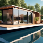 Create an image of a modern and stylish houseboat floating on a serene lake, surrounded by lush greenery and clear blue skies. The houseboat is designed wi