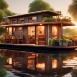 A serene scene depicting a cozy houseboat docked on a calm, reflective lake surrounded by lush greenery. The houseboat is beautifully decorated with potted