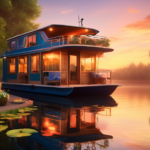 Create an enchanting scene of life on a houseboat at a serene lake during sunset. The image should showcase the cozy exterior of the houseboat, surrounded