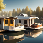 An idyllic houseboat docking scene on a serene lake, showcasing a picturesque marina with various houseboats moored safely. Include clear signage for docki