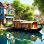 Create an image of a charming houseboat floating on a serene canal, surrounded by lush greenery and quaint houses. The scene should depict a sunny day with