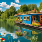 A cozy houseboat on the Isar River surrounded by lush greenery, with people relaxing on the deck, enjoying nature and the tranquil water. The setting is su