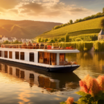 Create an enchanting scene of a houseboat gently floating on the Moselle River, surrounded by lush vineyards and picturesque hills. The setting sun casts a