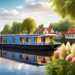 Create an inviting image of a houseboat docked on the serene Weser River, surrounded by lush greenery and charming riverside landscapes. The scene should c