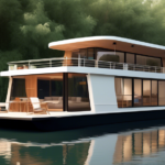 Create an artistic illustration of a minimalist houseboat design, featuring sleek lines, large windows for natural light, and a serene deck area. Surround