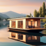 Create an image of a cozy and modern houseboat floating on a serene lake during sunset. The houseboat should have elegant architecture with large windows,