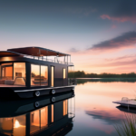 A scenic image of a modern and spacious houseboat set against a tranquil lake, highlighting its sleek design and amenities. The boat is subtly decorated to