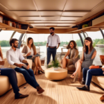 Create an image of a group of professionals attending an innovative corporate event on a luxurious houseboat. The scene should be set on a serene lake surr