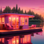 Create an image of a cozy, romantic houseboat setting during sunset. The houseboat is gently floating on a serene lake surrounded by lush greenery. On the