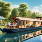 A picturesque scene of a houseboat gliding gently along a serene river, surrounded by lush greenery and inviting blue skies. On the deck of the houseboat,