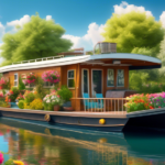 Create an image of a picturesque summer scene featuring a houseboat moored on a calm river. The houseboat is surrounded by lush greenery and colorful flowe