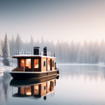 Create an image of a cozy houseboat gently floating on a serene winter lake, surrounded by snow-covered pine trees. The houseboat is warmly lit from within