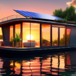 Create an image of a modern houseboat with solar panels, floating peacefully on a serene lake surrounded by lush greenery. The houseboat should feature lar