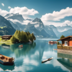 A serene scene depicting life on a houseboat in Switzerland, showcasing a picturesque alpine lake surrounded by mountains. The houseboat should be decorate