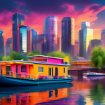 Create an image of a vibrant urban scene featuring a colorful houseboat moored along a bustling city waterfront. The houseboat should have lush plants and