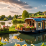 A picturesque scene of a charming houseboat gently floating on a serene river in the French countryside. The houseboat is adorned with vibrant flower boxes