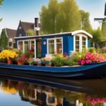 Create an image of a charming, rustic houseboat gently floating on a serene canal in Holland. The boat is adorned with vibrant flower boxes and surrounded