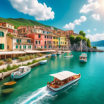 A cozy houseboat floating on crystal-clear waters near the scenic Italian coastline, surrounded by picturesque villages with colorful buildings. The sky is