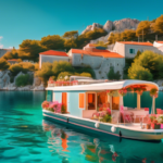 Create an image of a picturesque houseboat vacation scene in Croatia. The houseboat, adorned with vibrant flowers and nautical decorations, is gently float