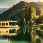 A serene and picturesque scene of a houseboat gently floating on a crystal-clear lake surrounded by luscious green mountains in Austria. The houseboat is s