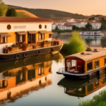 A picturesque scene of a charming houseboat floating on a serene river in Portugal, surrounded by lush green hills and quaint villages. The deck of the hou