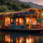 A cozy, rustic houseboat floating on a tranquil Spanish river at sunset. The boat is adorned with colorful flowers and has a rooftop deck with a hammock an