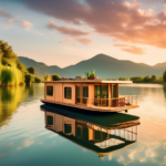 A picturesque scene of a modern houseboat gently floating on a serene lake during sunset. The houseboat features a spacious balcony adorned with potted pla