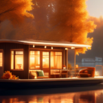 Create an image of a cozy houseboat floating on a serene lake during autumn. The houseboat is equipped with a heating system, visibly emitting a gentle plu