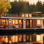 Create an image of a charming houseboat anchored on a serene lake, bathed in the warm glow of a setting sun. The houseboat features a cozy, fully-equipped