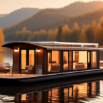 Create an image of a cozy houseboat floating on a serene lake, showcasing the interior with a modern air heating system. The scene should depict comfortabl