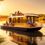 Create an image of a scenic river landscape where a family is enjoying a leisurely trip on a modern motorized houseboat. The houseboat is well-equipped and