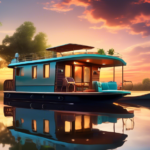 Create an image of a serene houseboat vacation setting. The scene captures a picturesque houseboat anchored on a tranquil lake during a beautiful sunset. O