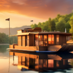 Create an image of a unique houseboat with a large sail, gliding peacefully across a serene lake during a vibrant sunset. The houseboat has charming, rusti