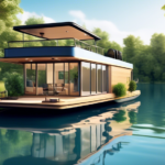 Create an image of a modern, eco-friendly houseboat floating on a serene, blue lake surrounded by lush greenery. The houseboat is equipped with solar panel