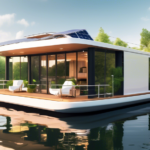 Create an image of a modern and stylish houseboat floating peacefully on a serene lake, surrounded by lush greenery. The houseboat is equipped with sleek,