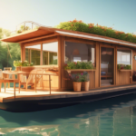 Create an image of a serene wooden houseboat floating on calm, clear waters. The houseboat features a spacious and inviting terrace adorned with comfortabl