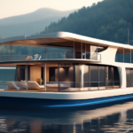 Create an image of a modern, luxurious houseboat equipped with advanced technology, floating peacefully on a serene lake. The houseboat should feature a sl