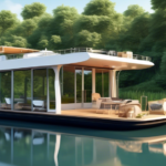 A serene houseboat floating on a tranquil river, surrounded by lush greenery and a clear blue sky. The houseboat is modern and stylish, featuring large win