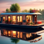 Create an imaginative and serene image of a beautifully designed houseboat floating on a tranquil lake. The scene should depict lush greenery surrounding t