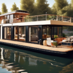 Create an image of a beautiful and modern houseboat undergoing renovation on a serene lake. Show a mix of traditional and contemporary design elements, wit