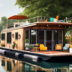 An inviting and cozy houseboat undergoing renovation, showcasing a mix of modern design elements and rustic charm. Highlight tools, materials, and colorful