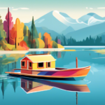 An illustration of a serene lake scene featuring a colorful houseboat gently gliding across the water, with an enthusiastic beginner steering it. The boat