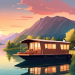 Create an image of a cozy houseboat floating peacefully on a serene lake, surrounded by lush greenery and mountains in the background. The scene should con