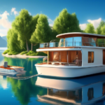 Create an image that compares a cozy houseboat floating on a serene lake with a luxurious yacht sailing in the open ocean. The scene should capture the cha