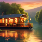 Create an image of a serene scene featuring a cozy houseboat gently floating on a calm river. The houseboat is charmingly decorated with soft lanterns and