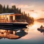 Create an image of a luxurious and adventurous houseboat on a serene lake at sunrise, with vibrant reflections of the sky on the water's surface. The house