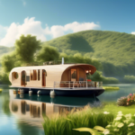 Create an image of a picturesque scene featuring a cozy houseboat gently floating on a serene river. Surround the houseboat with lush green landscapes and