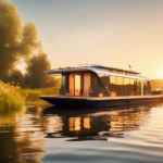 A serene scene of a modern, eco-friendly houseboat floating on a calm lake, surrounded by lush greenery and blooming wildflowers. The houseboat features so