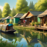 Create an image depicting a serene scene on a calm lake with several houseboats lined up along the shore. Each houseboat is unique in design, showcasing va